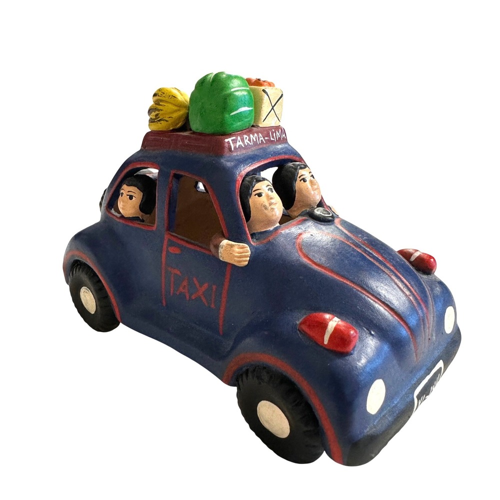 VTG Peruvian Clay Folk Art Taxi Tarma Lima Hand Painted Figurine Hand Painted